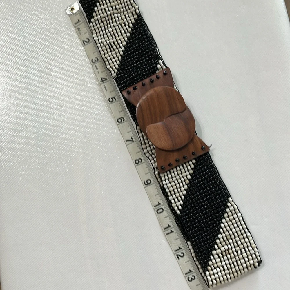 Stretchy Wide Beaded Wooden Buckle Belt